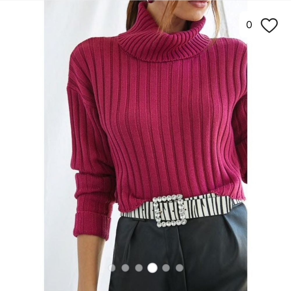 Maroon Fuschia Ribbed Turtleneck Sweater